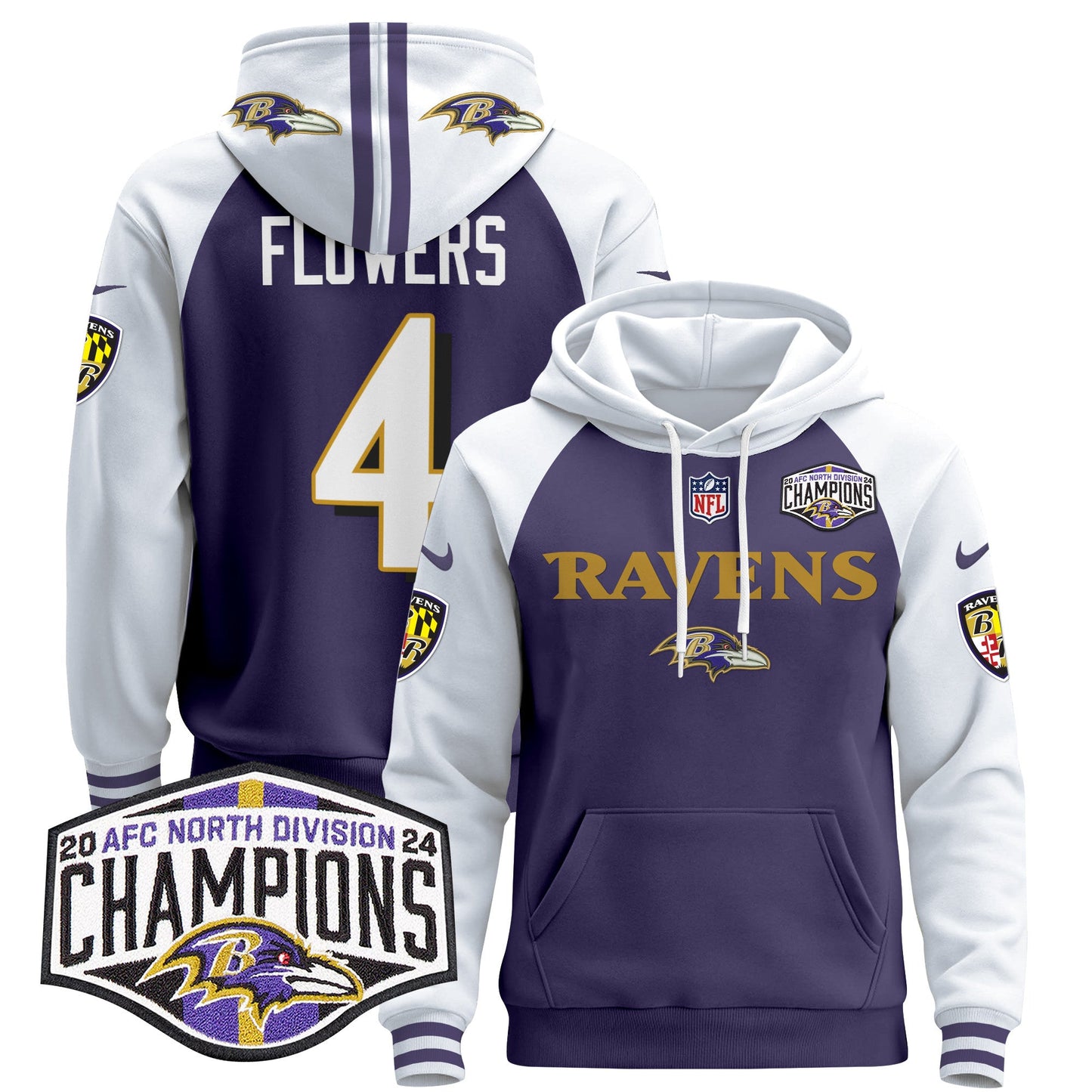 Baltimore Ravens 2024 AFC North Division Champions Patch Pullover Hoodie - All Stitched