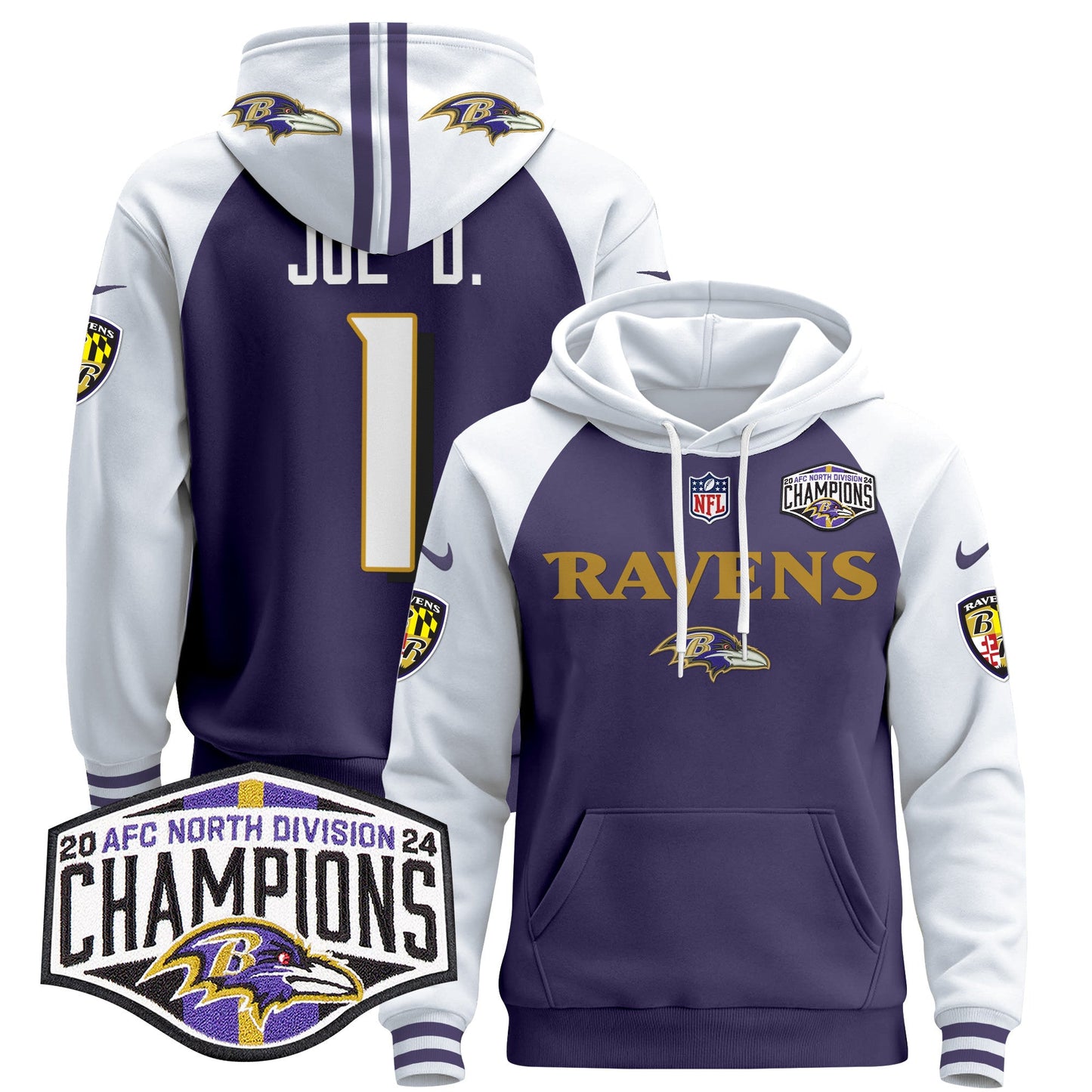 Baltimore Ravens 2024 AFC North Division Champions Patch Pullover Hoodie - All Stitched