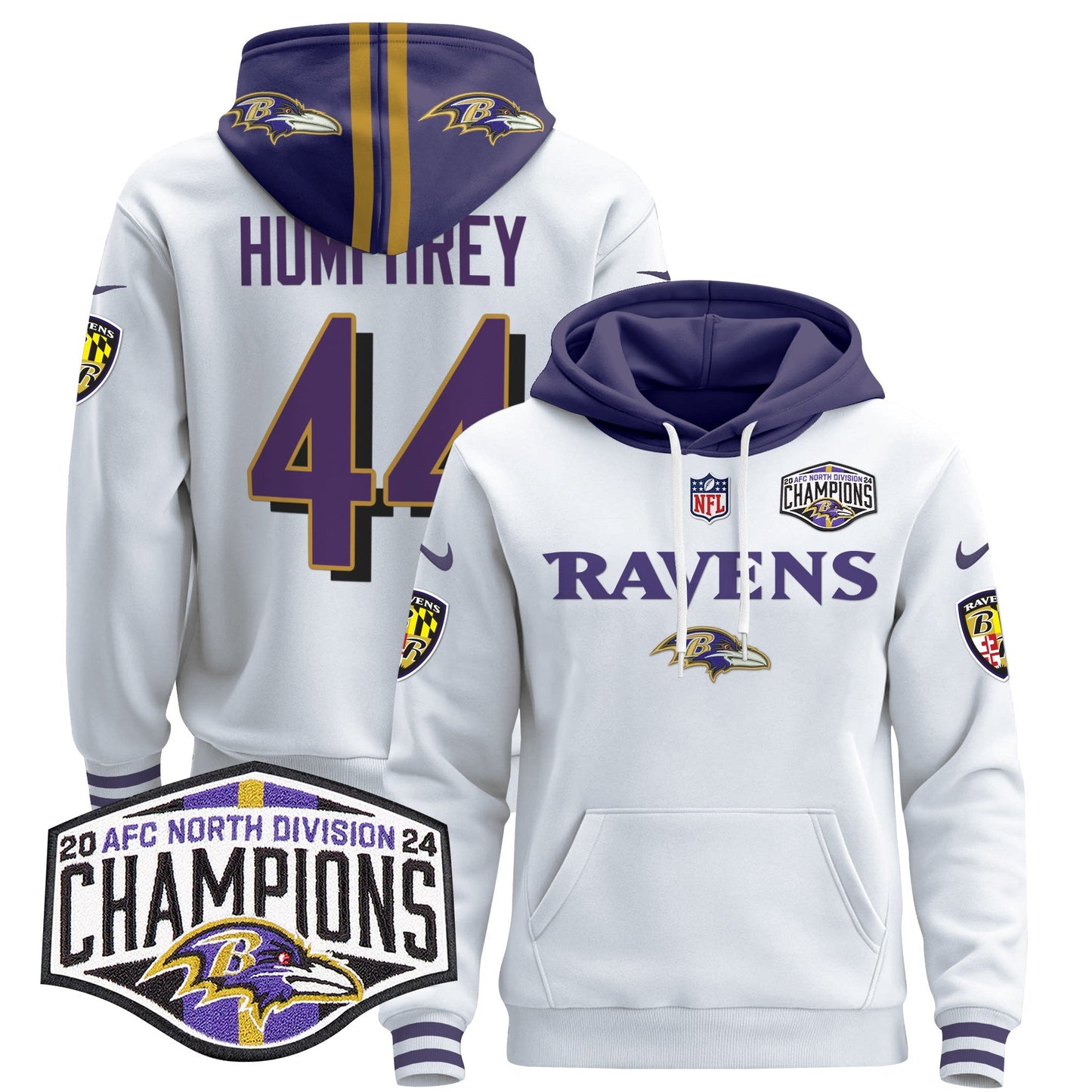 Baltimore Ravens 2024 AFC North Division Champions Patch Pullover Hoodie - All Stitched