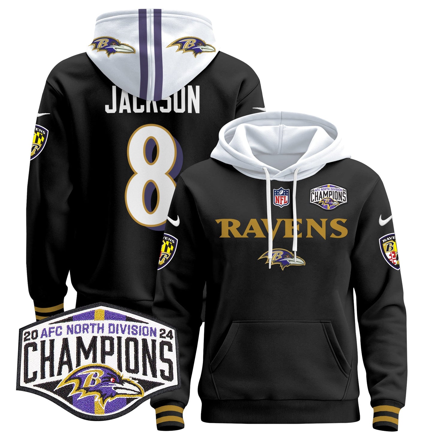 Baltimore Ravens 2024 AFC North Division Champions Patch Pullover Hoodie - All Stitched