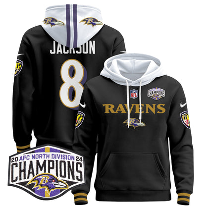 Baltimore Ravens 2024 AFC North Division Champions Patch Pullover Hoodie - All Stitched