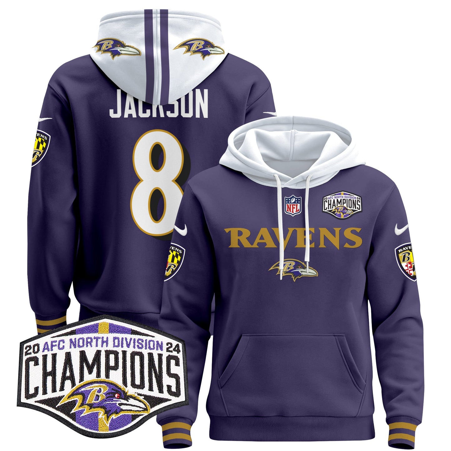 Baltimore Ravens 2024 AFC North Division Champions Patch Pullover Hoodie - All Stitched
