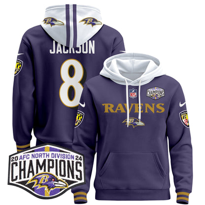 Baltimore Ravens 2024 AFC North Division Champions Patch Pullover Hoodie - All Stitched