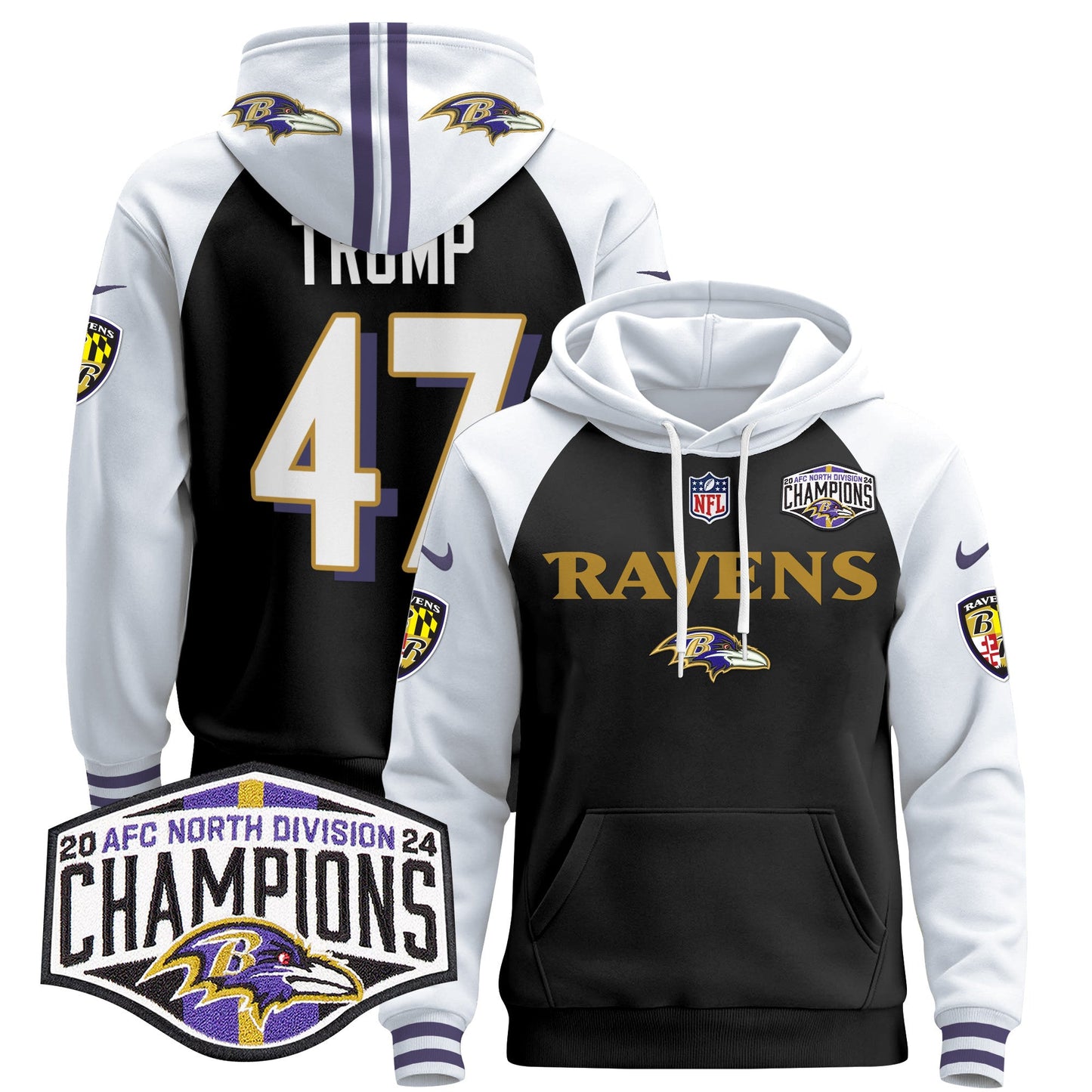 Baltimore Ravens 2024 AFC North Division Champions Patch Pullover Hoodie - All Stitched