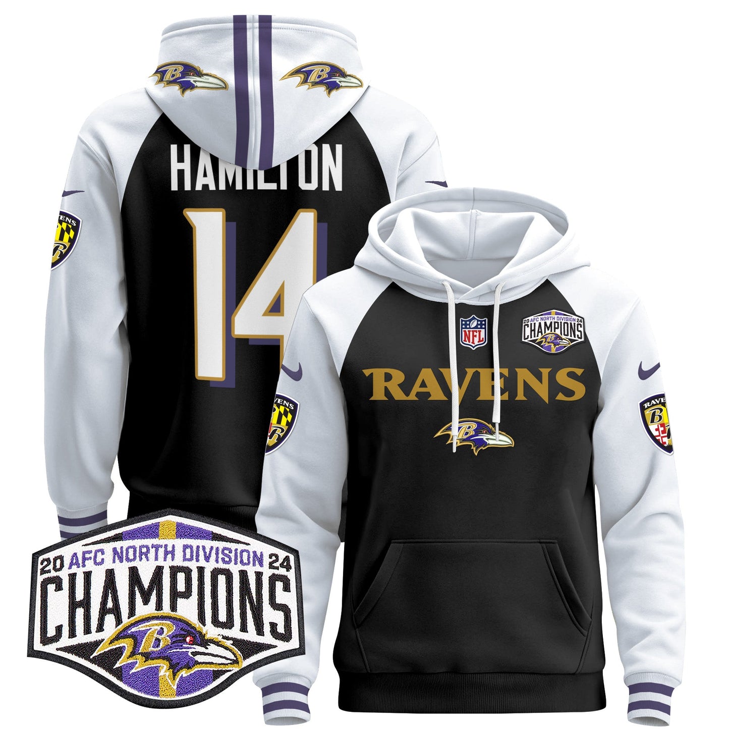 Baltimore Ravens 2024 AFC North Division Champions Patch Pullover Hoodie - All Stitched