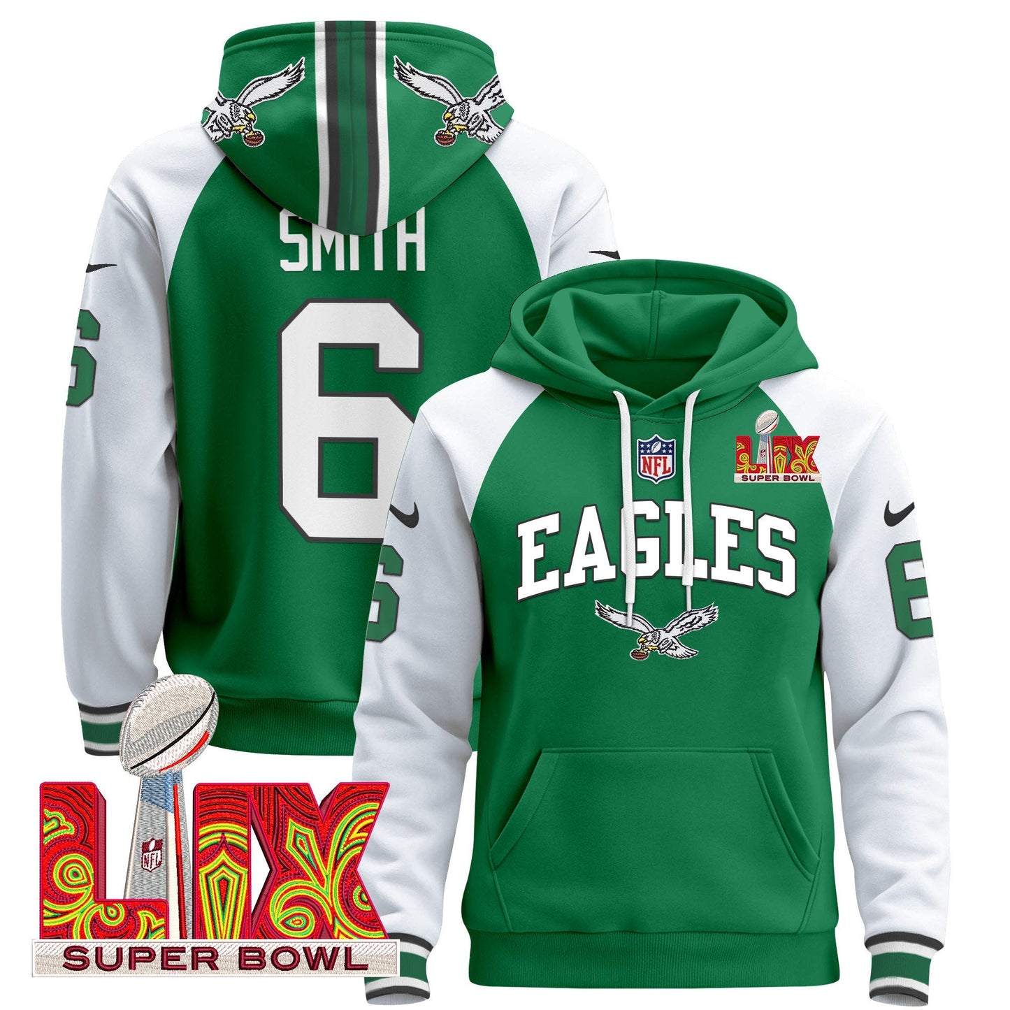 Philadelphia Eagles Super Bowl LIX Patch Pullover Hoodie - All Stitched