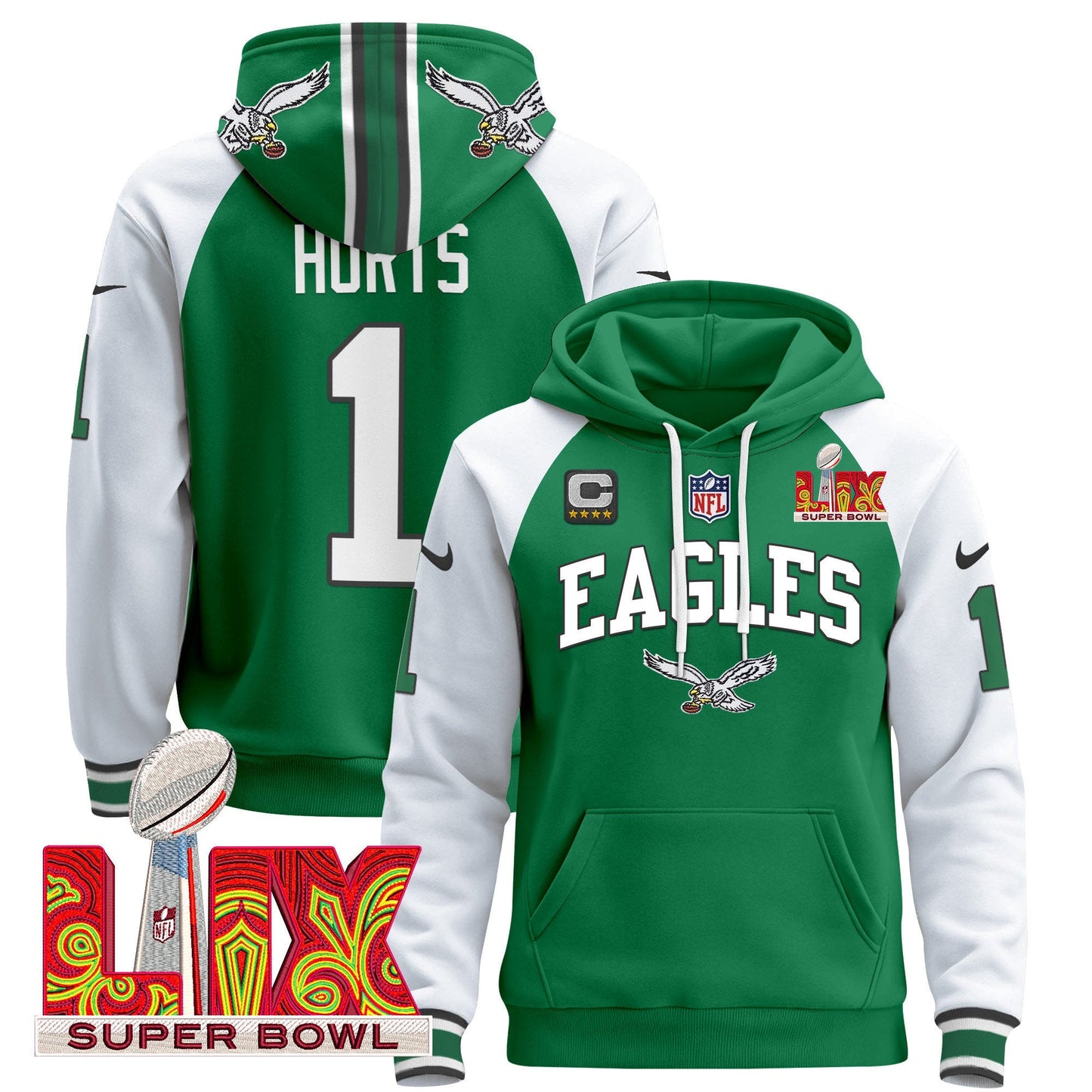 Philadelphia Eagles Super Bowl LIX Patch Pullover Hoodie - All Stitched