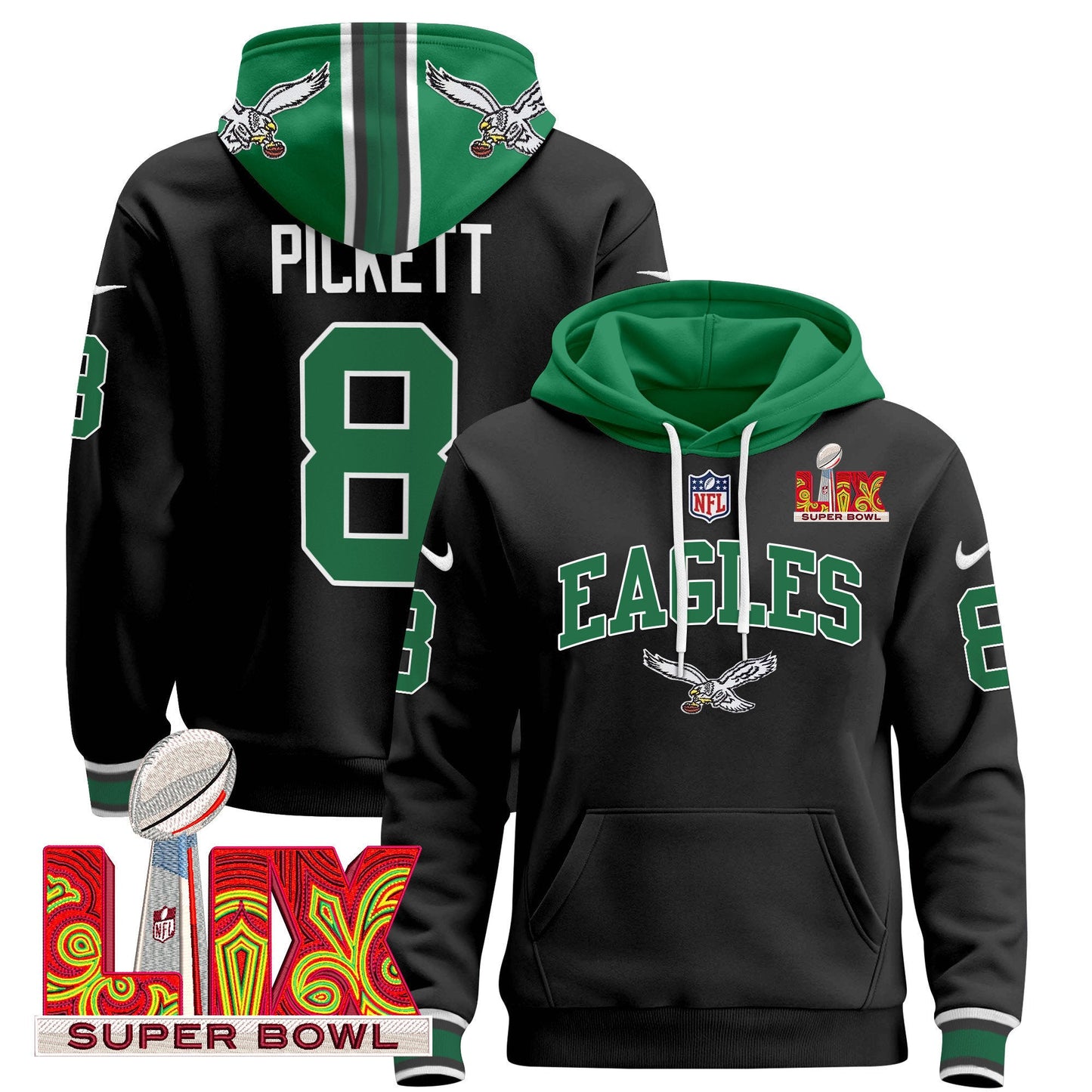 Philadelphia Eagles Super Bowl LIX Patch Pullover Hoodie - All Stitched