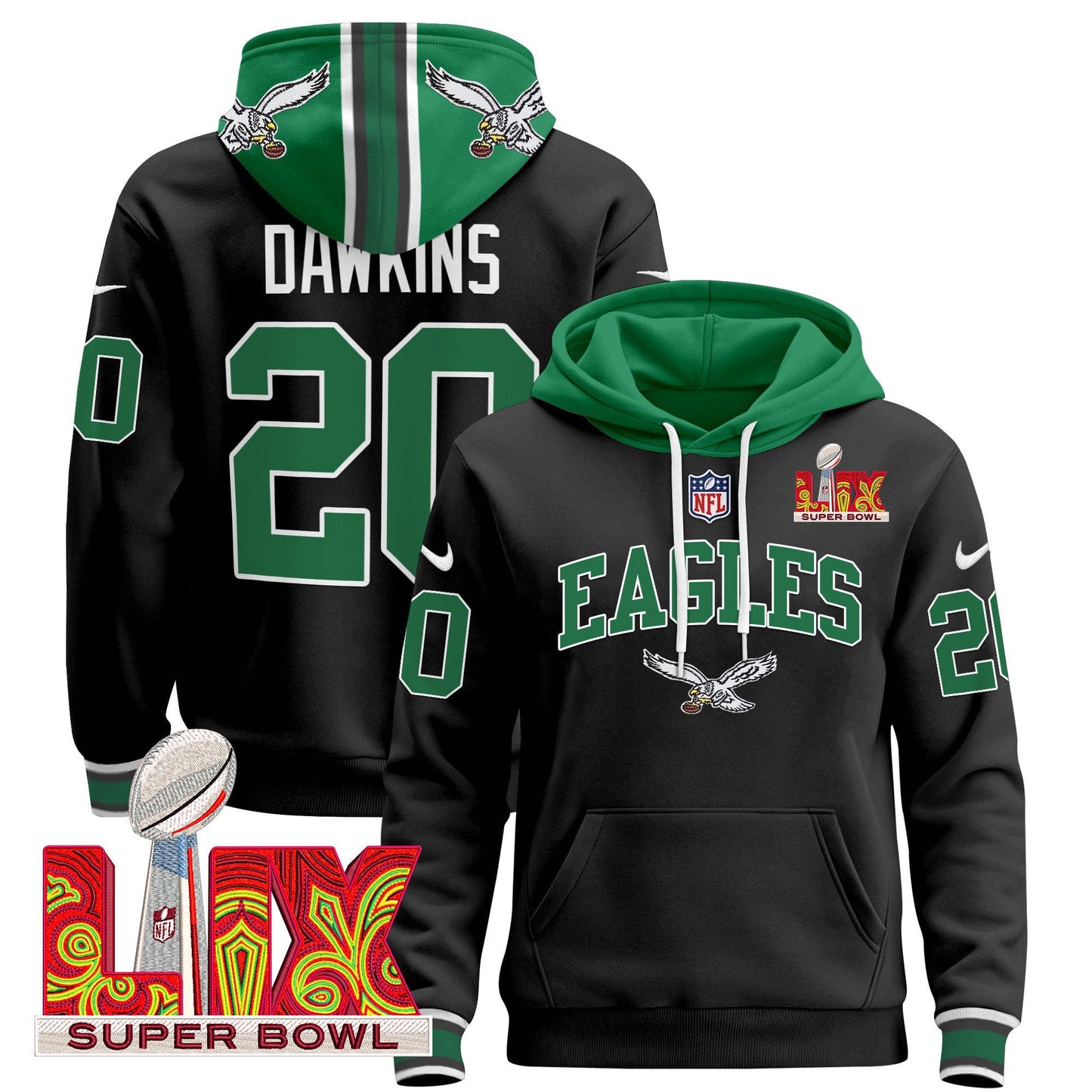 Philadelphia Eagles Super Bowl LIX Patch Pullover Hoodie - All Stitched