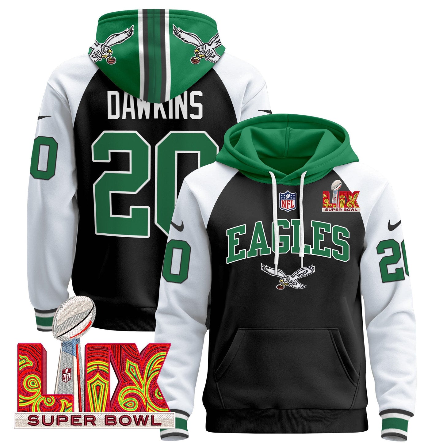 Philadelphia Eagles Super Bowl LIX Patch Pullover Hoodie - All Stitched