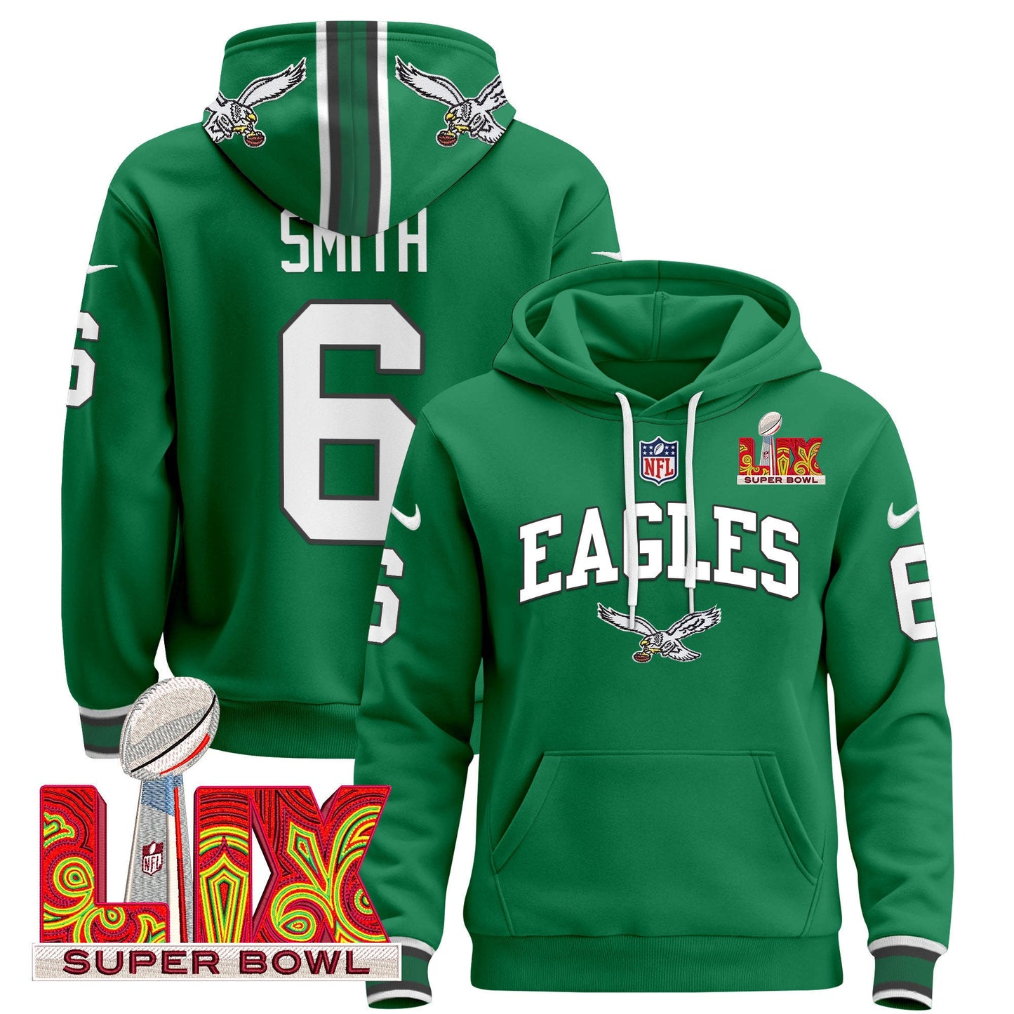 Philadelphia Eagles Super Bowl LIX Patch Pullover Hoodie - All Stitched