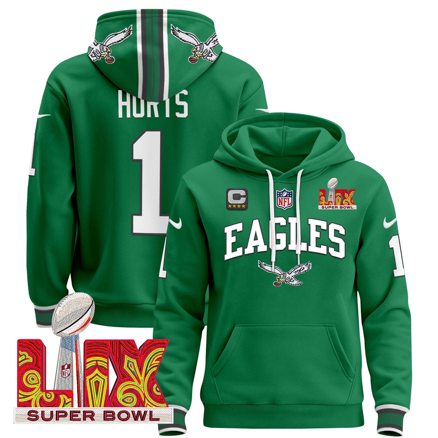 Philadelphia Eagles Super Bowl LIX Patch Pullover Hoodie - All Stitched