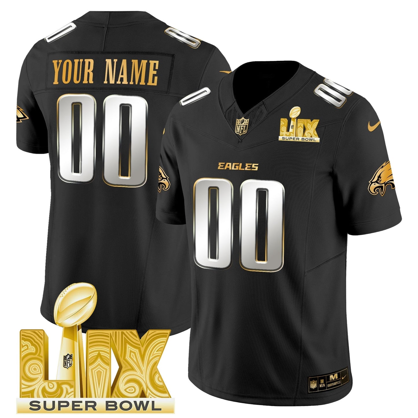 PHI Super Bowl LIX Patch Gold Vapor Limited Custom Jersey - All Stitched