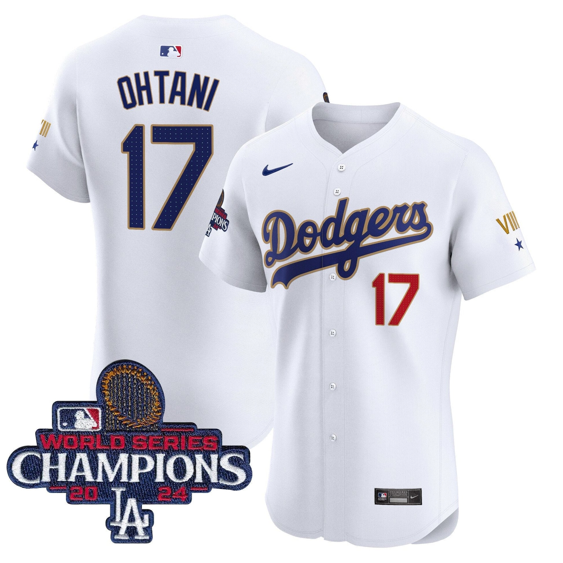Men's Dodgers 2024 World Series Champions Gold Trim Vapor Premier Elite Jersey V3 - All Stitched