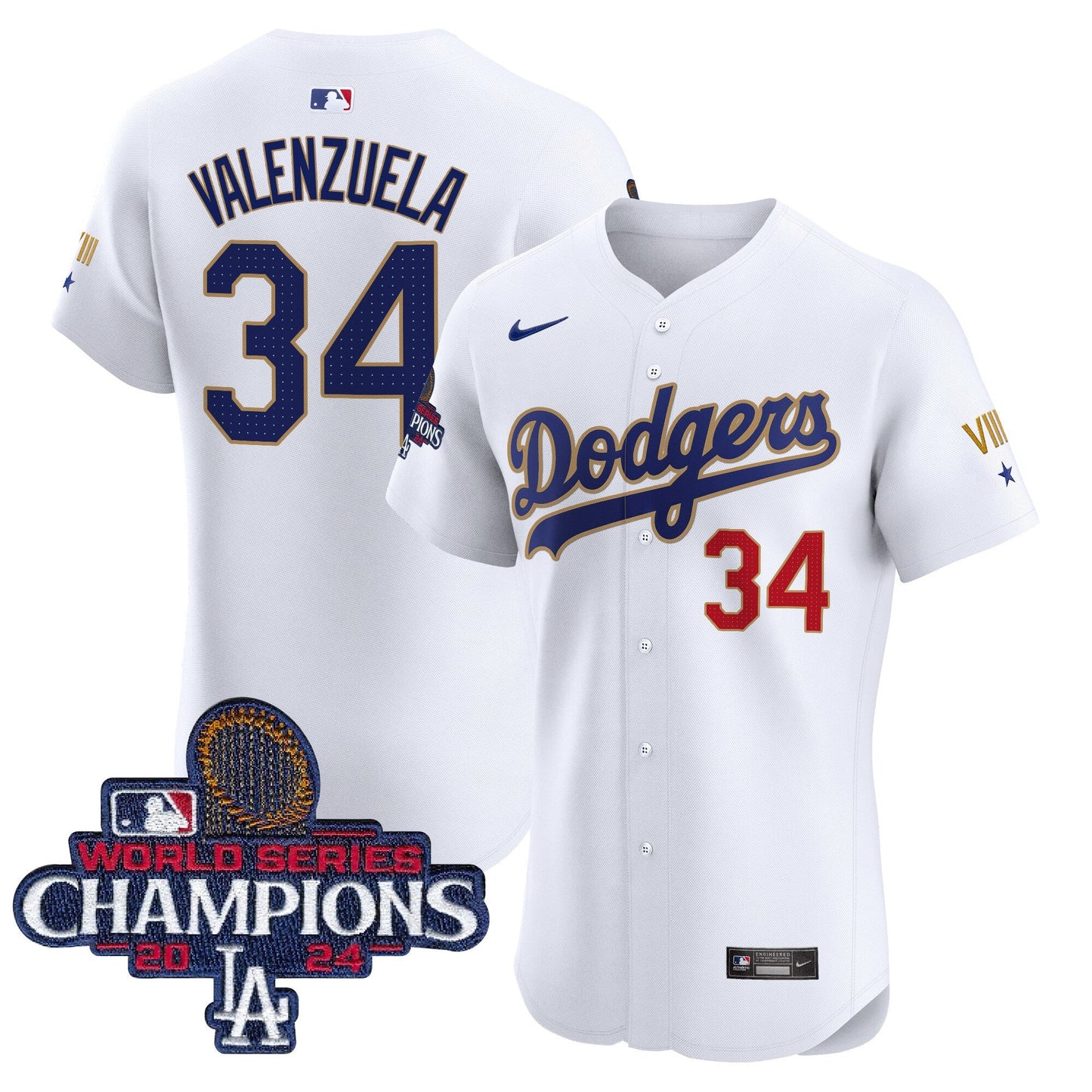 Men's Dodgers 2024 World Series Champions Gold Trim Vapor Premier Elite Jersey V3 - All Stitched