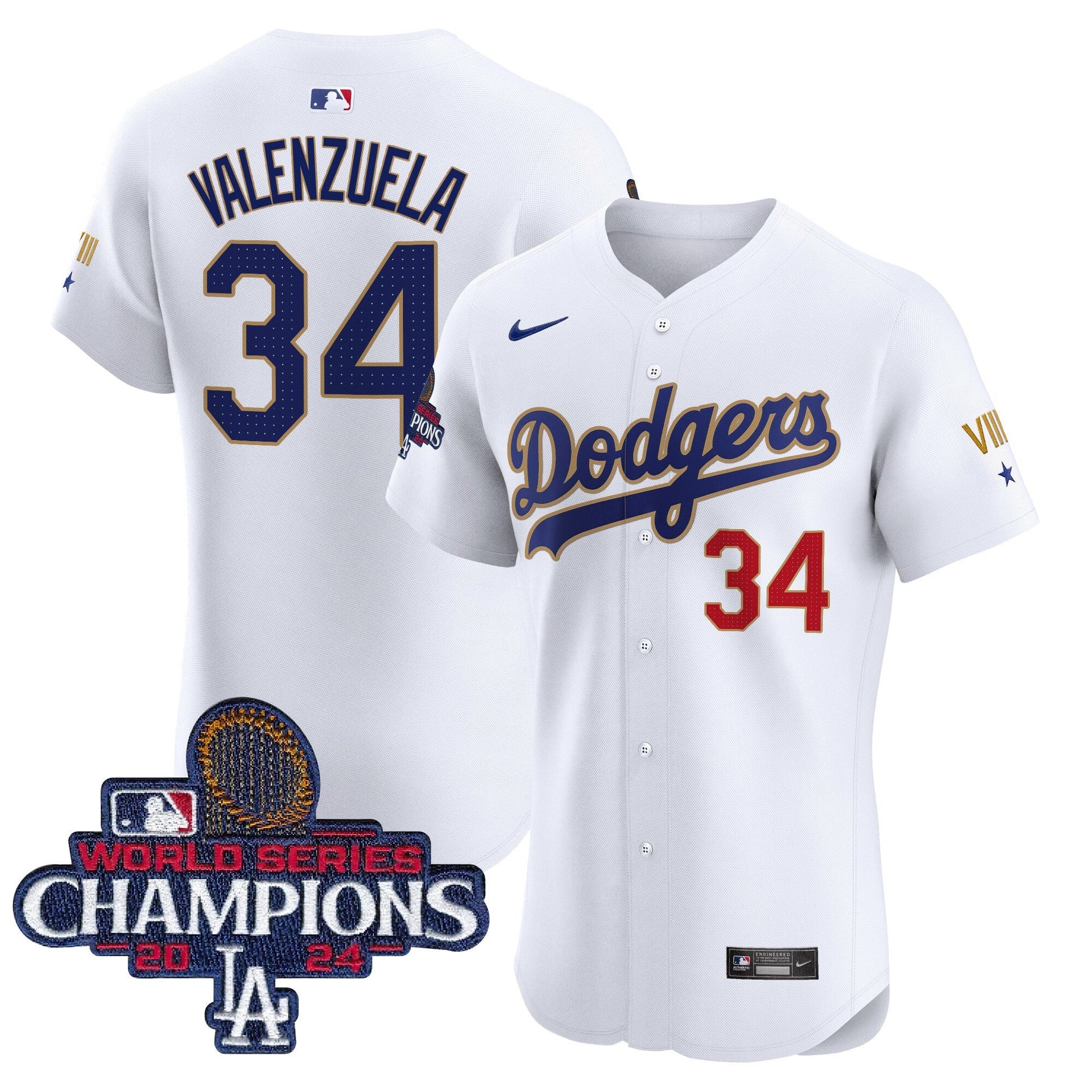 Men's Dodgers 2024 World Series Champions Gold Trim Vapor Premier Elite Jersey V3 - All Stitched