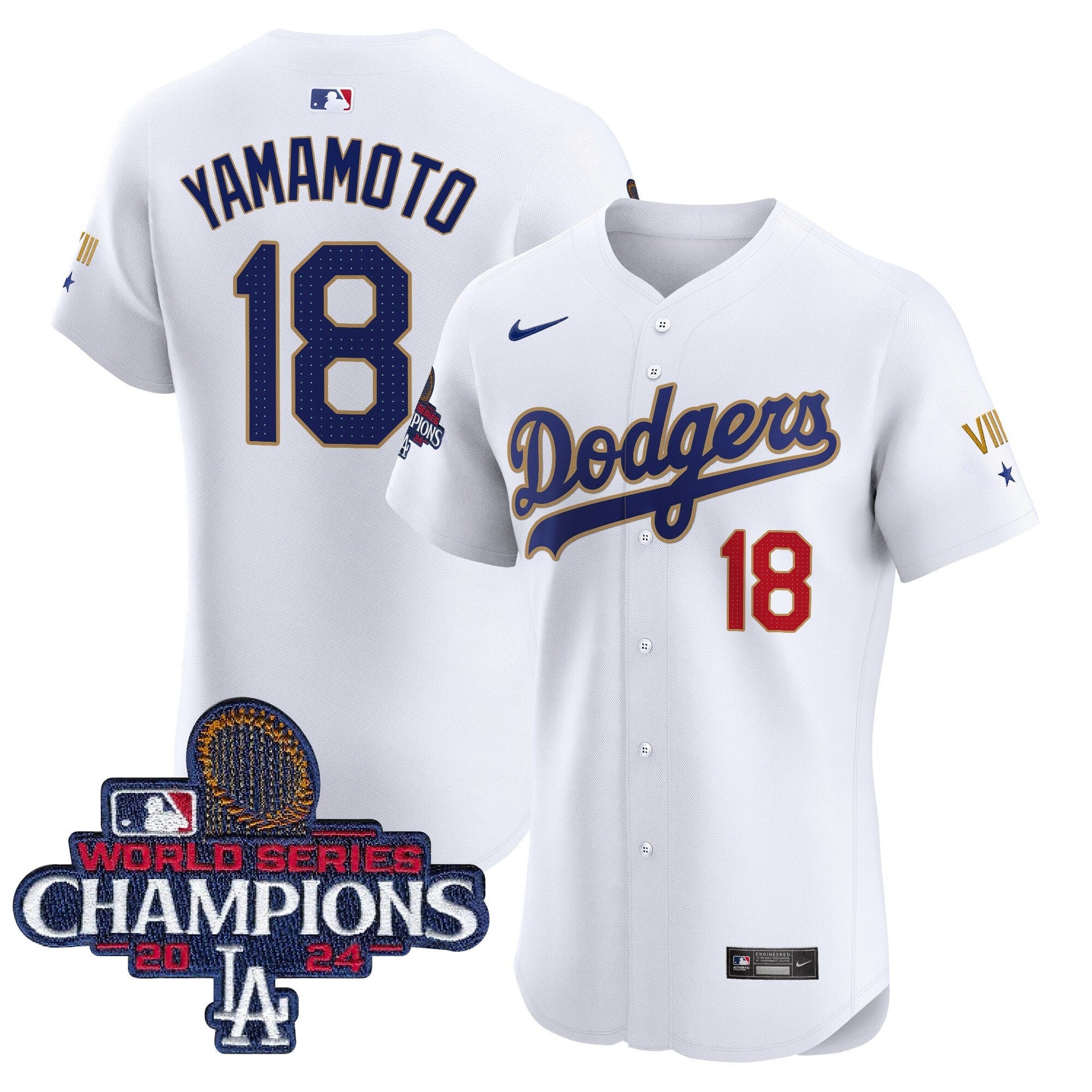 Men's Dodgers 2024 World Series Champions Gold Trim Vapor Premier Elite Jersey V3 - All Stitched