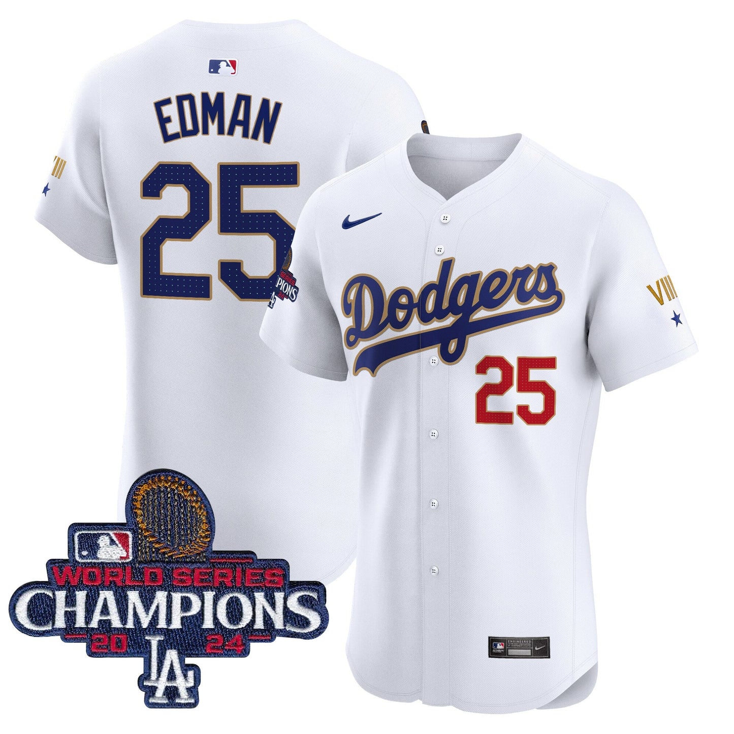 Men's Dodgers 2024 World Series Champions Gold Trim Vapor Premier Elite Jersey V3 - All Stitched