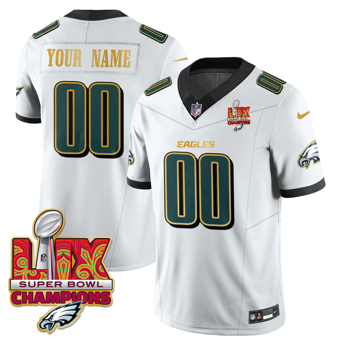 Custom Name/Gender PHI Super Bowl LIX Champions Gold Trim Vapor Limited Jersey - All Stitched
