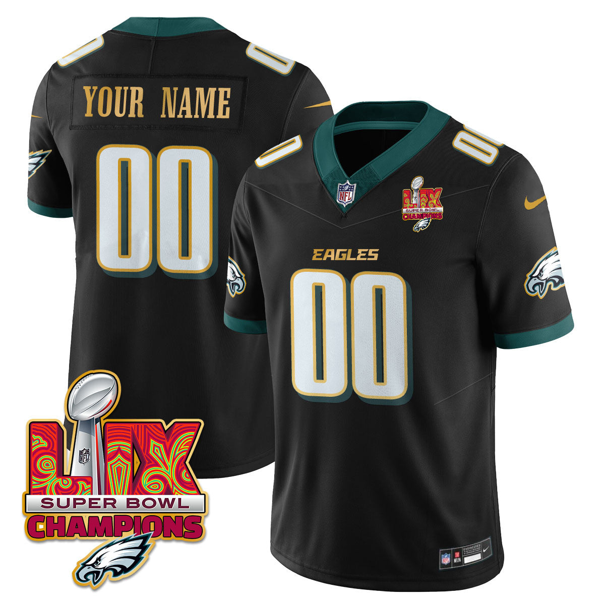 Custom Name/Gender PHI Super Bowl LIX Champions Gold Trim Vapor Limited Jersey - All Stitched