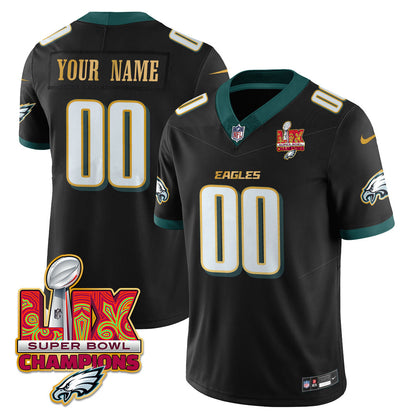 Custom Name/Gender PHI Super Bowl LIX Champions Gold Trim Vapor Limited Jersey - All Stitched