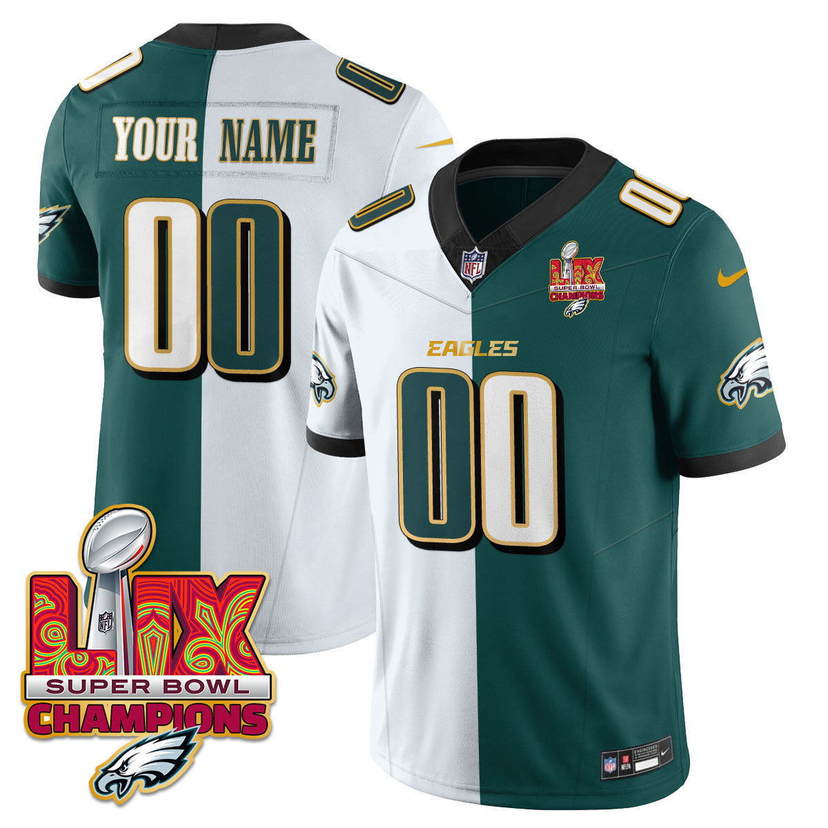 Custom Name/Gender PHI Super Bowl LIX Champions Gold Trim Vapor Limited Jersey - All Stitched