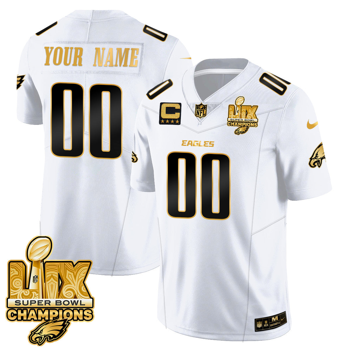 Custom Name/Gender PHI Super Bowl LIX Champions Gold Trim Vapor Limited Jersey - All Stitched
