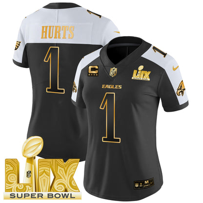 Women's Philadelphia Eagles Super Bowl LIX Patch Gold Vapor Limited Jersey - All Stitched