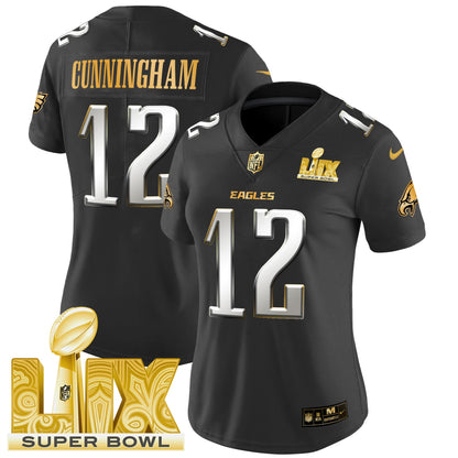 Women's Philadelphia Eagles Super Bowl LIX Patch Gold Vapor Limited Jersey - All Stitched