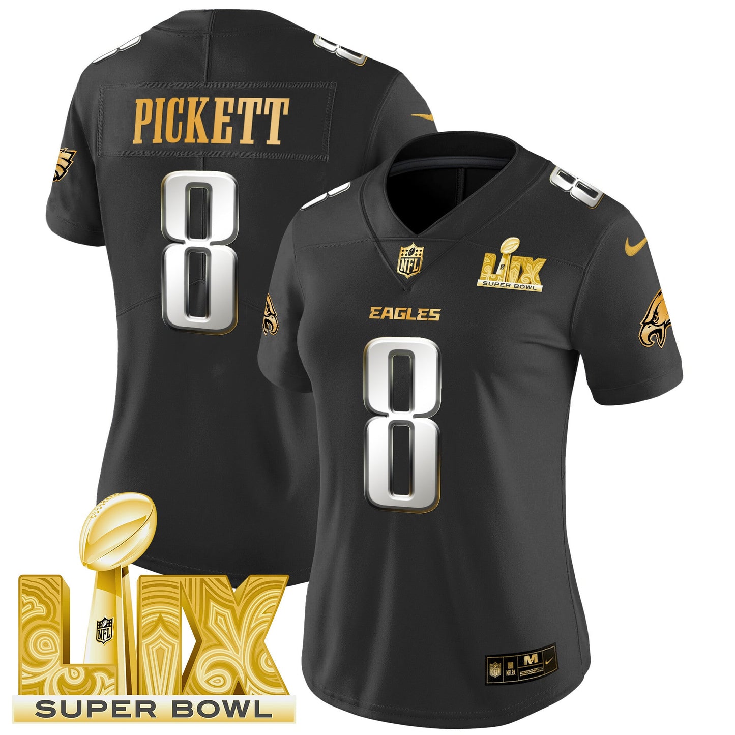 Women's Philadelphia Eagles Super Bowl LIX Patch Gold Vapor Limited Jersey - All Stitched