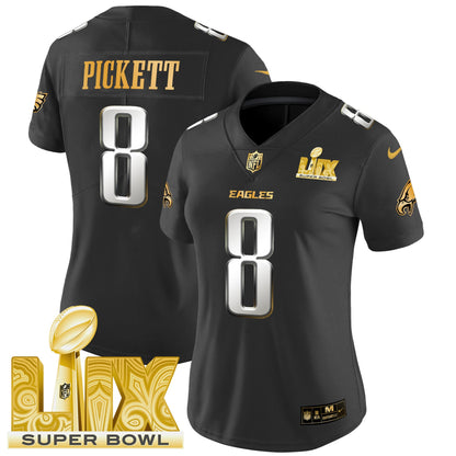 Women's Philadelphia Eagles Super Bowl LIX Patch Gold Vapor Limited Jersey - All Stitched