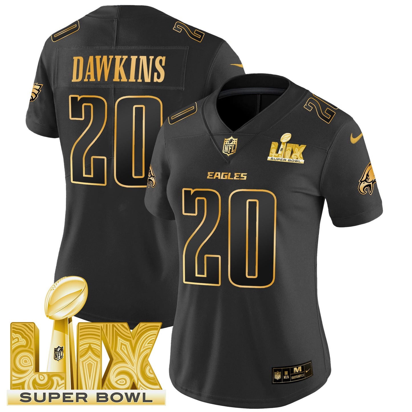 Women's Philadelphia Eagles Super Bowl LIX Patch Gold Vapor Limited Jersey - All Stitched