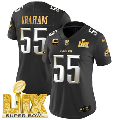 Women's Philadelphia Eagles Super Bowl LIX Patch Gold Vapor Limited Jersey - All Stitched