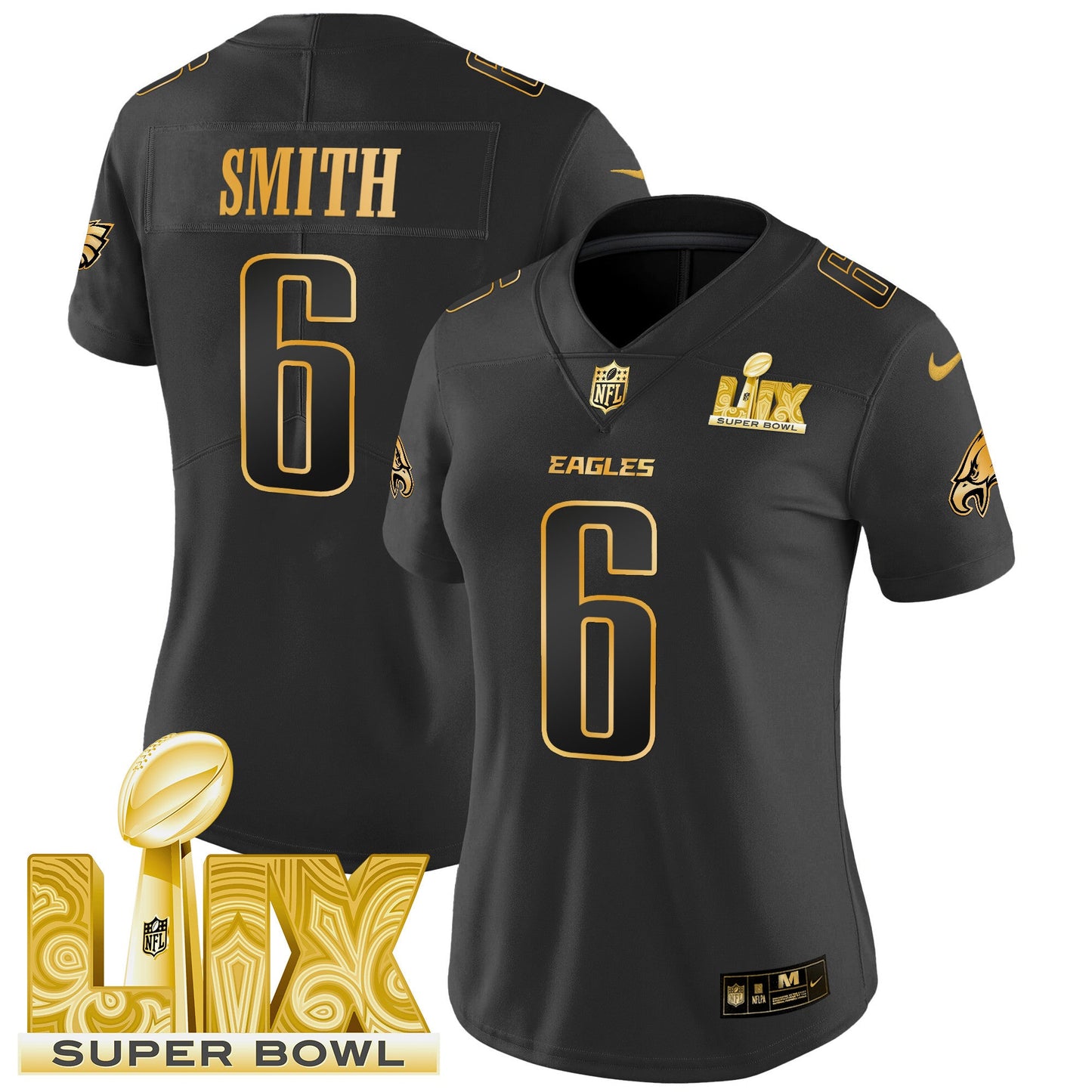 Women's Philadelphia Eagles Super Bowl LIX Patch Gold Vapor Limited Jersey - All Stitched