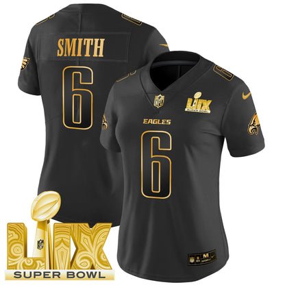 Women's Philadelphia Eagles Super Bowl LIX Patch Gold Vapor Limited Jersey - All Stitched
