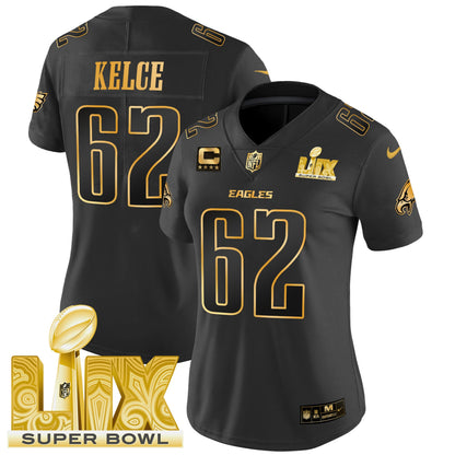 Women's Philadelphia Eagles Super Bowl LIX Patch Gold Vapor Limited Jersey - All Stitched