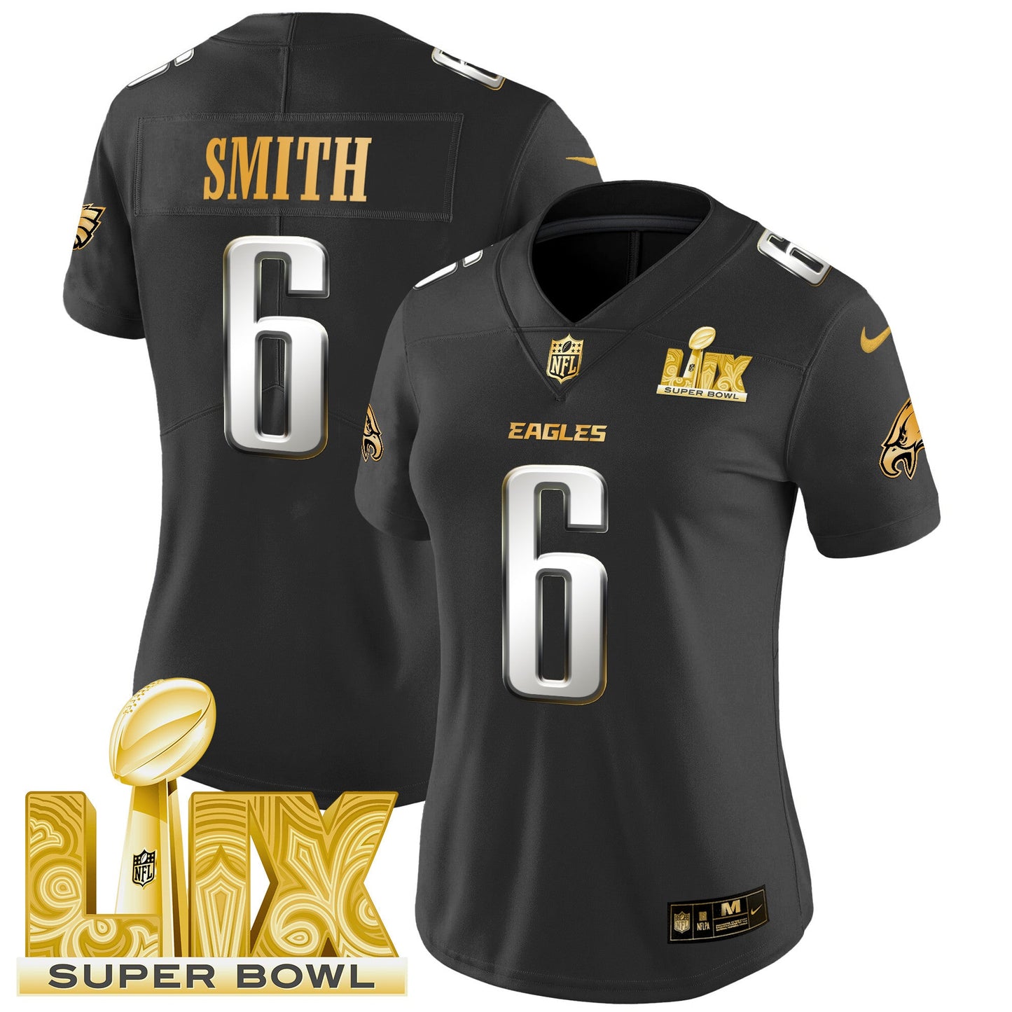 Women's Philadelphia Eagles Super Bowl LIX Patch Gold Vapor Limited Jersey - All Stitched