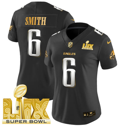 Women's Philadelphia Eagles Super Bowl LIX Patch Gold Vapor Limited Jersey - All Stitched
