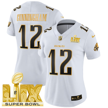 Women's Philadelphia Eagles Super Bowl LIX Patch Gold Vapor Limited Jersey - All Stitched