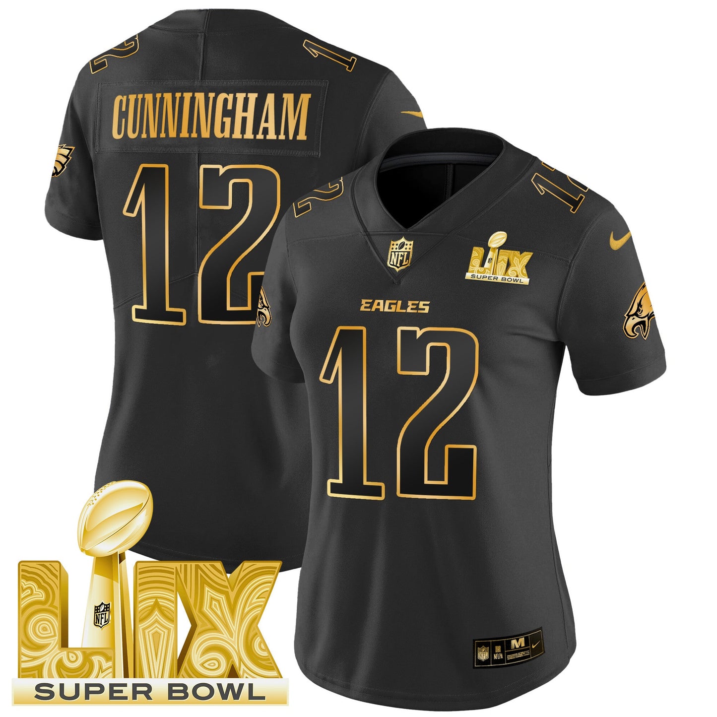 Women's Philadelphia Eagles Super Bowl LIX Patch Gold Vapor Limited Jersey - All Stitched