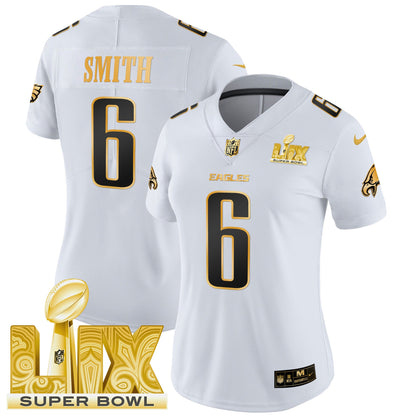 Women's Philadelphia Eagles Super Bowl LIX Patch Gold Vapor Limited Jersey - All Stitched