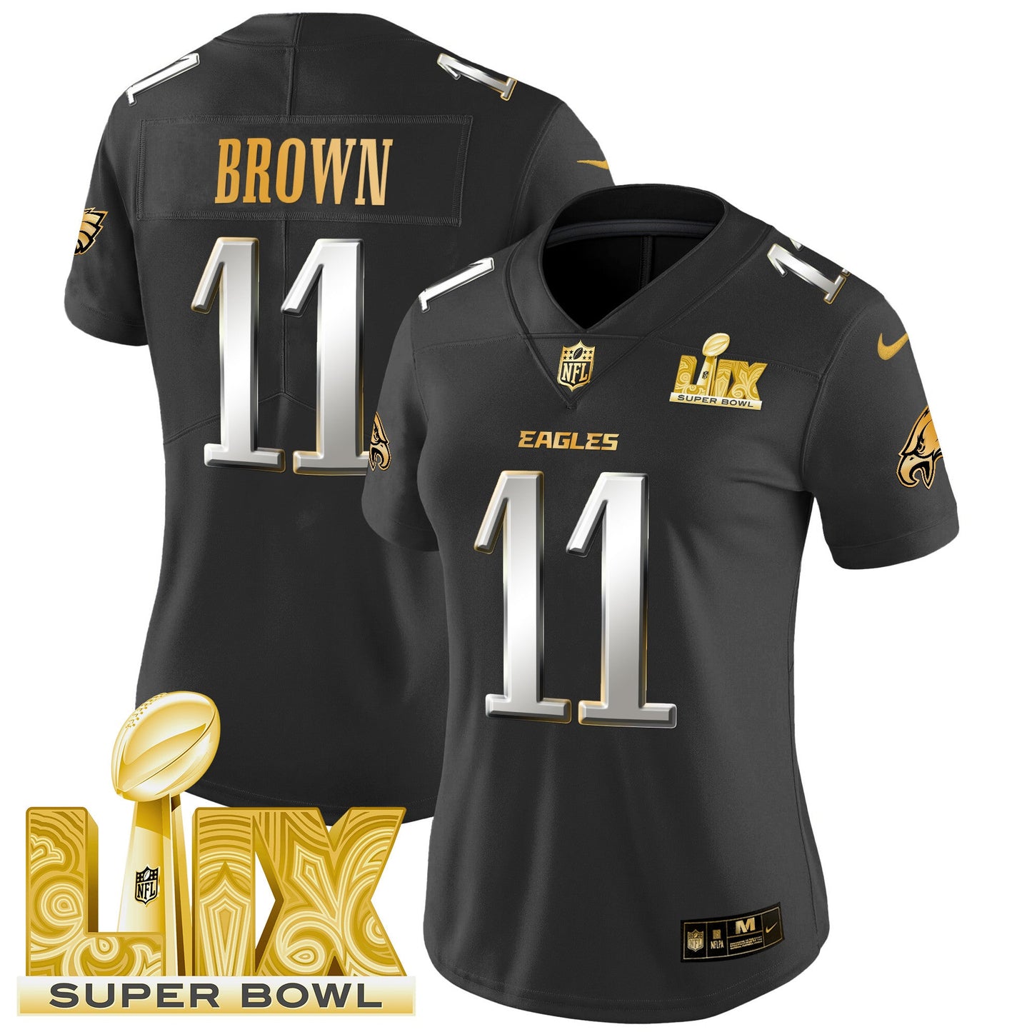 Women's Philadelphia Eagles Super Bowl LIX Patch Gold Vapor Limited Jersey - All Stitched