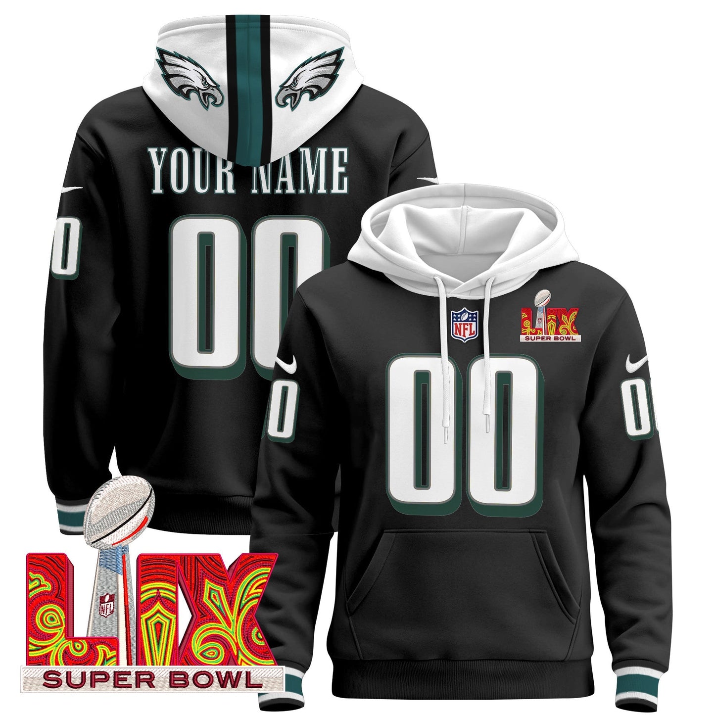 PHI Super Bowl LIX Patch Custom Pullover Hoodie - All Stitched