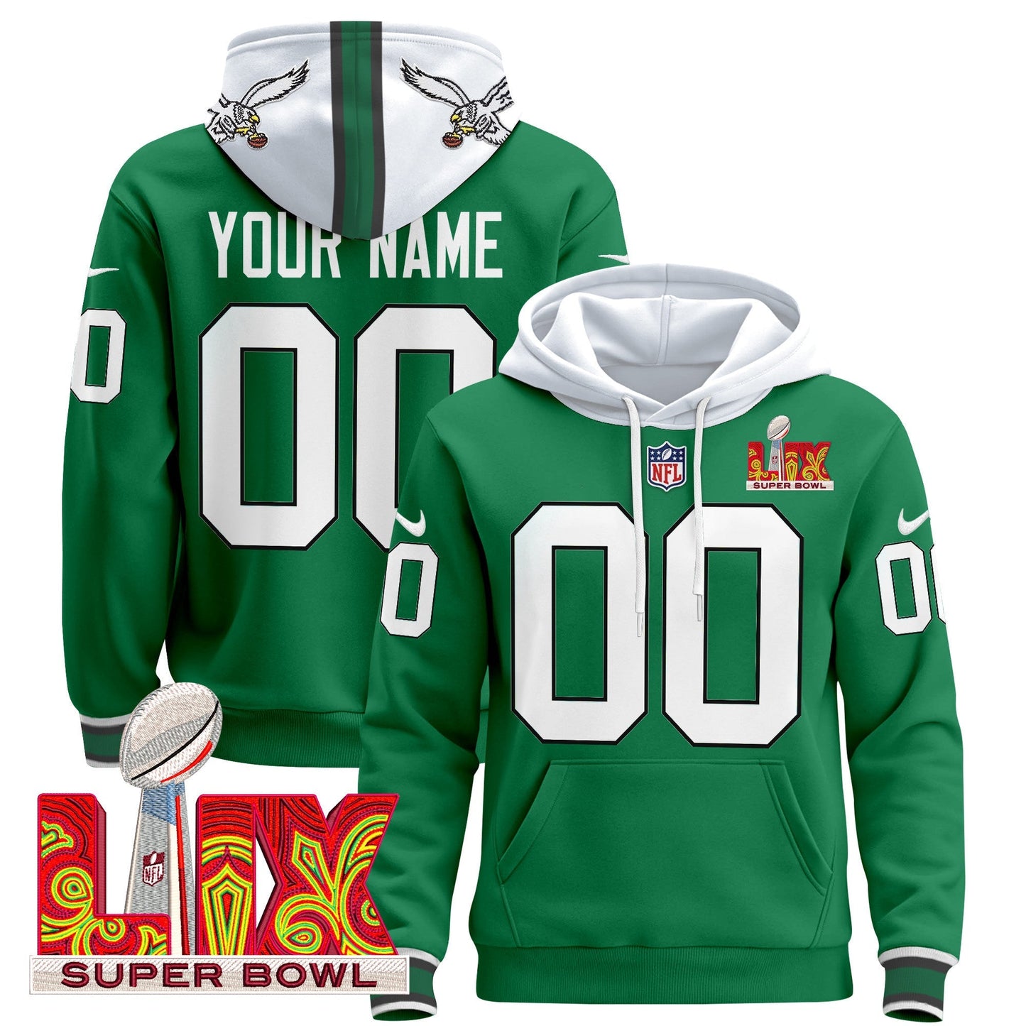 PHI Super Bowl LIX Patch Custom Pullover Hoodie - All Stitched
