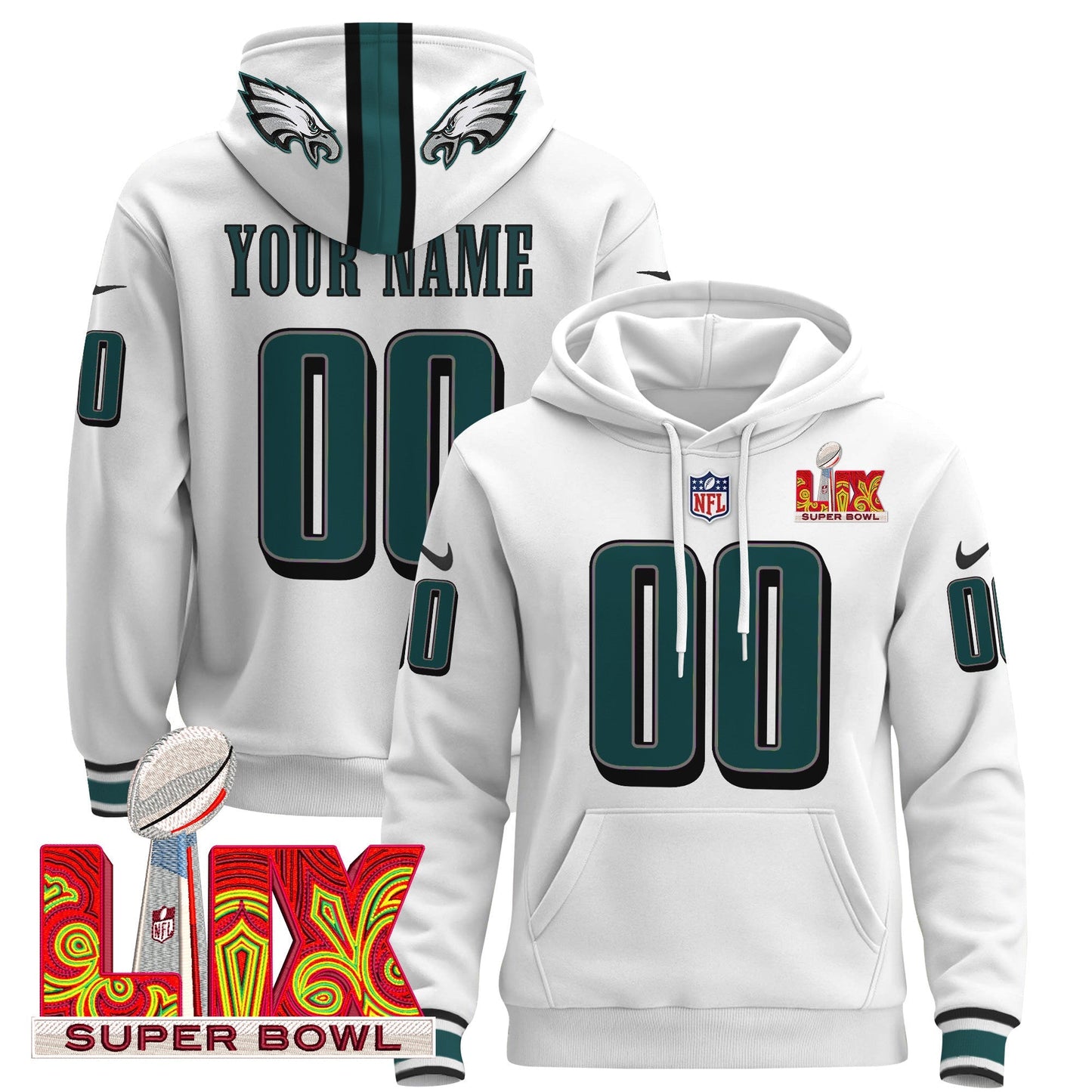 PHI Super Bowl LIX Patch Custom Pullover Hoodie - All Stitched