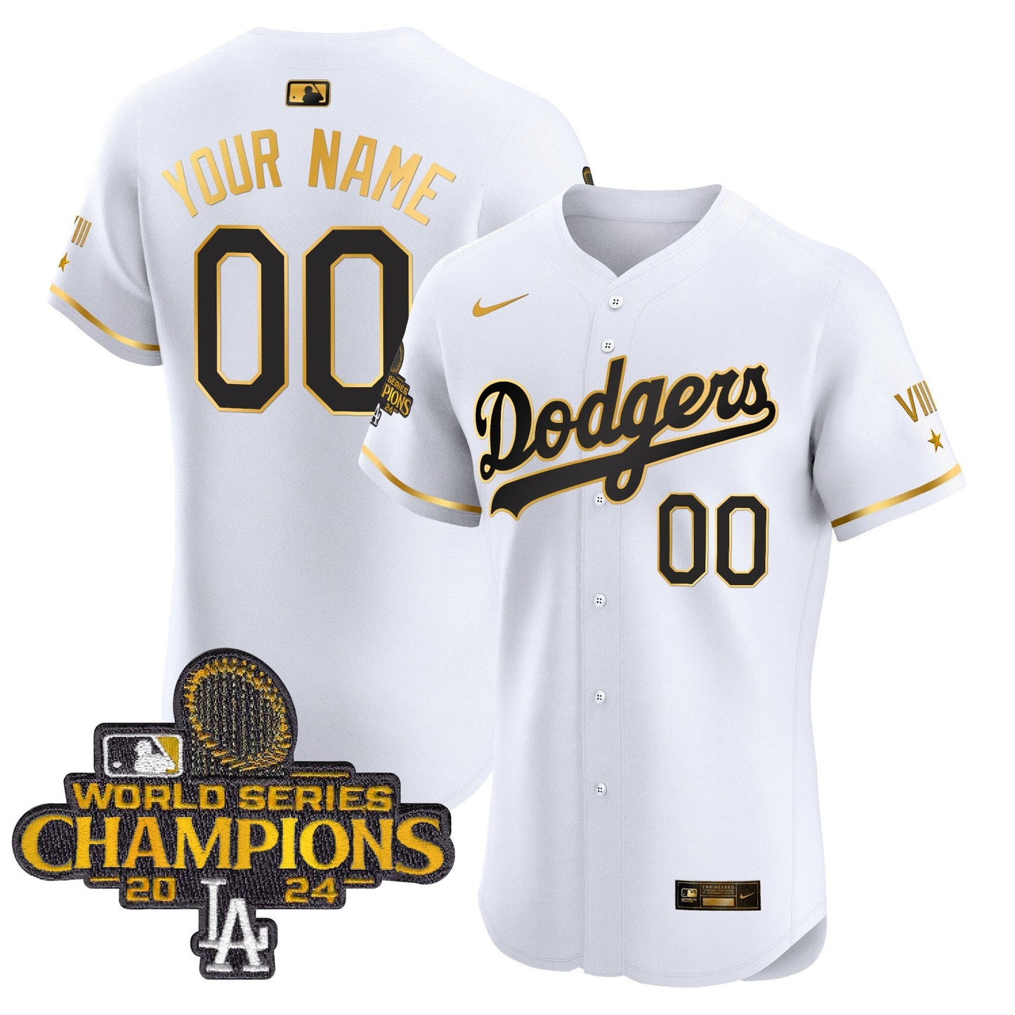 Dodgers 2024 World Series Champions Gold Trim Vapor Premier Elite Custom Jersey V3 - All Stitched