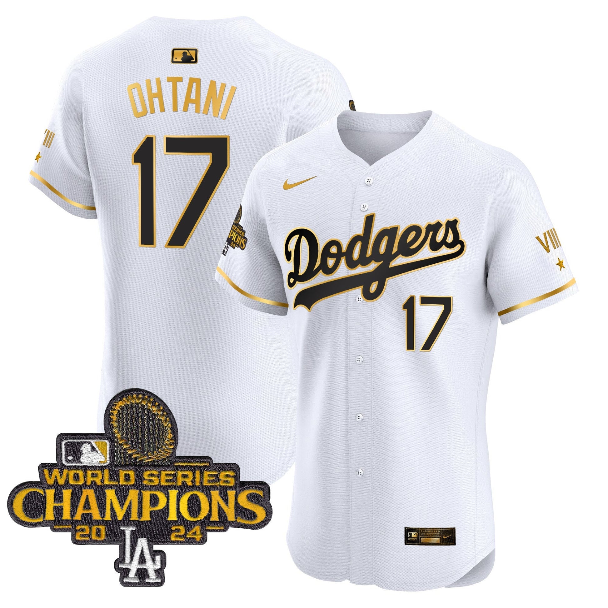 Men's Dodgers 2024 World Series Champions Gold Trim Vapor Premier Elite Jersey V3 - All Stitched