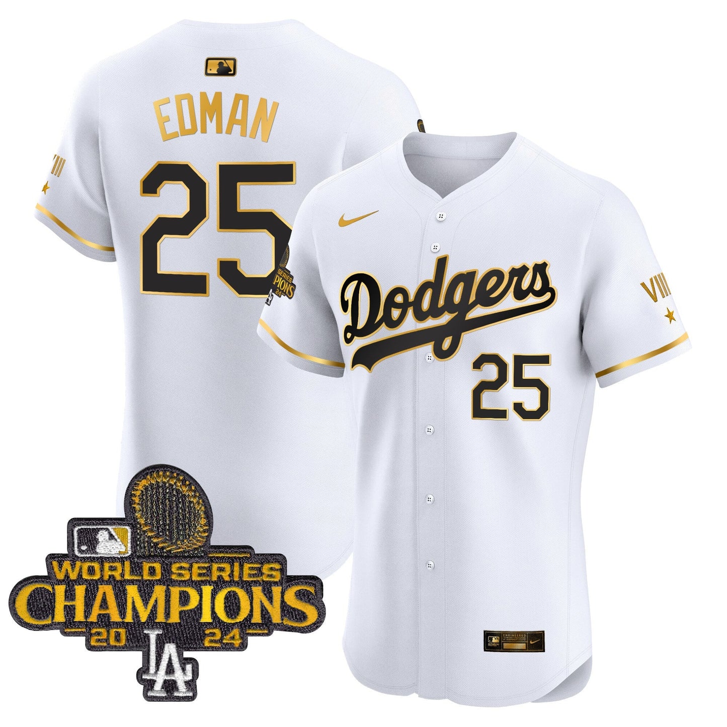 Men's Dodgers 2024 World Series Champions Gold Trim Vapor Premier Elite Jersey V3 - All Stitched