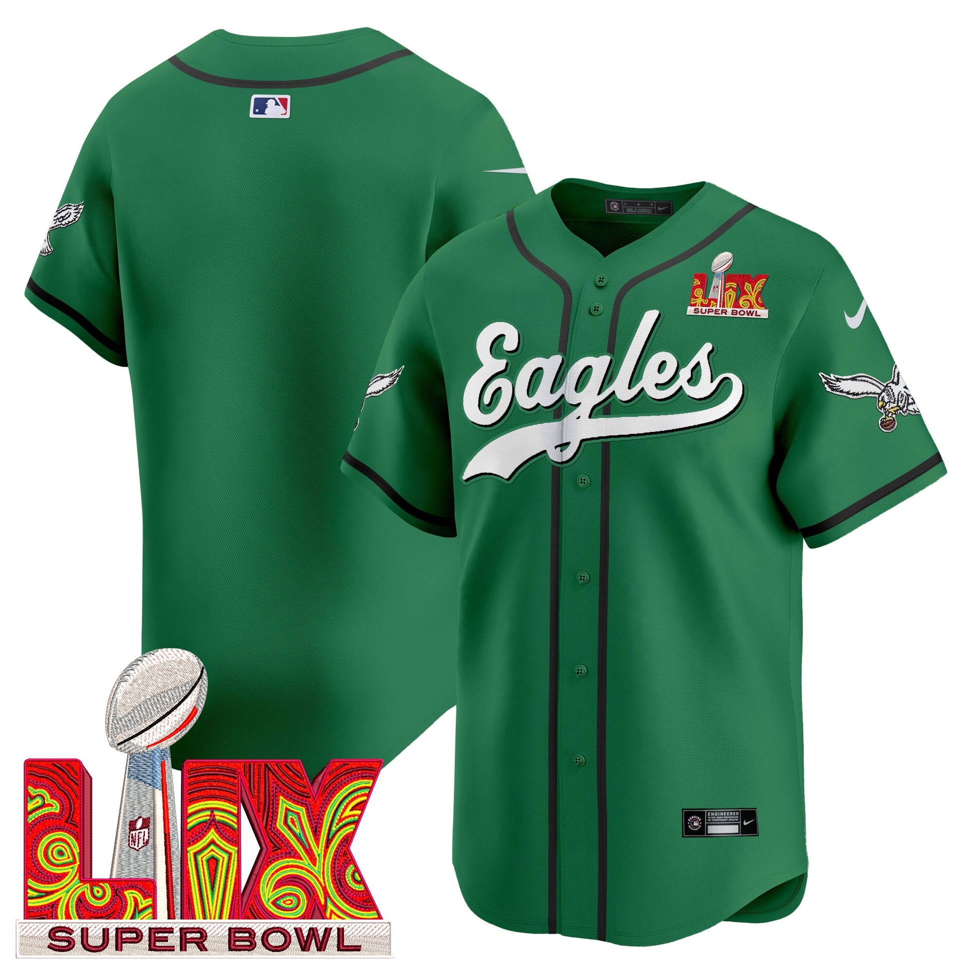 Men's Philadelphia Eagles Midnight Green Super Bowl LIX Vapor Baseball Jersey - All Stitched
