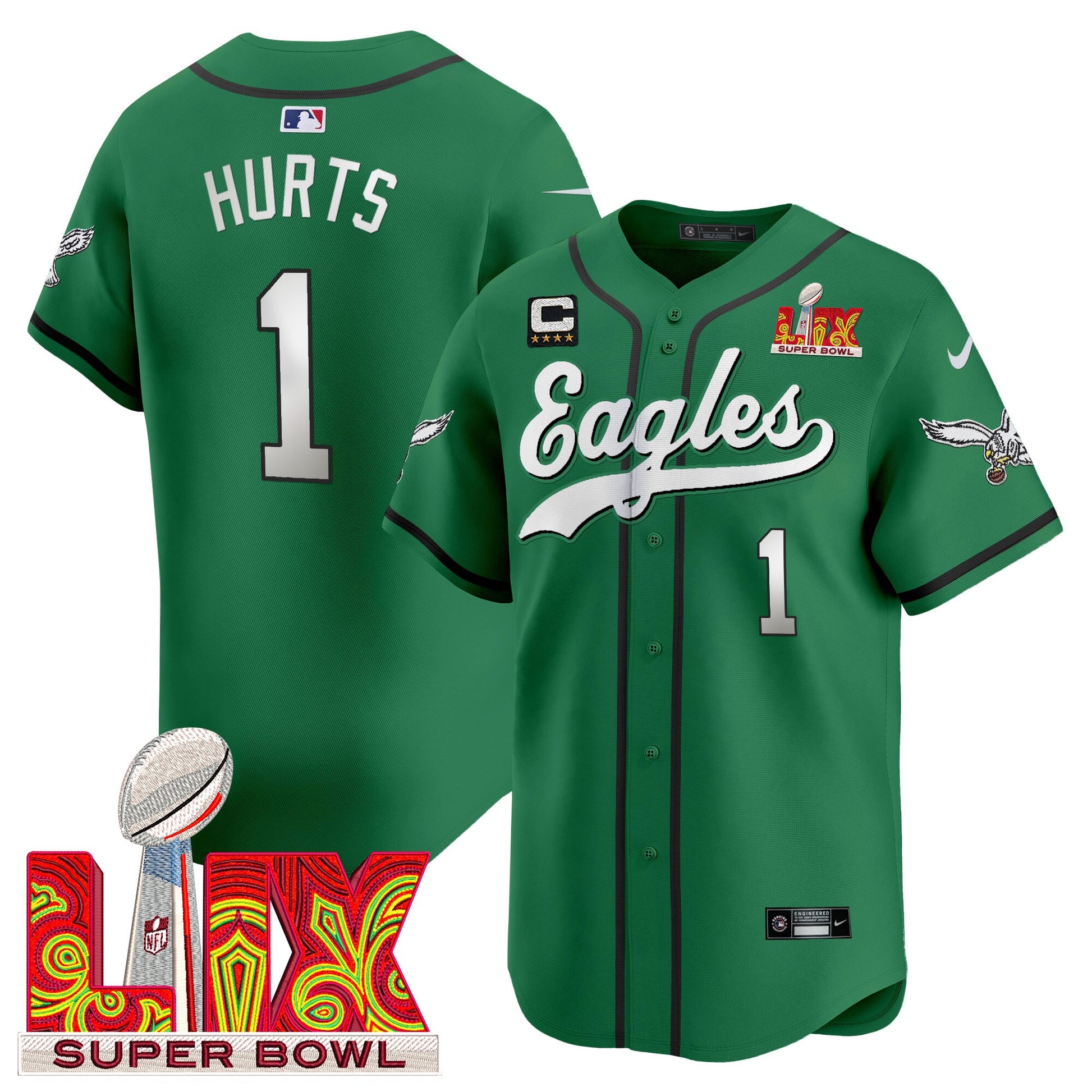 Men's Philadelphia Eagles Midnight Green Super Bowl LIX Vapor Baseball Jersey - All Stitched